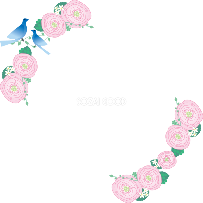 ピンクの花と幸せの青い鳥 おしゃれ 角飾りフレーム枠イラスト 無料 フリー 素材good