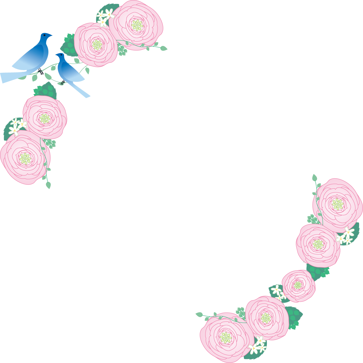 ピンクの花と幸せの青い鳥 おしゃれ 角飾りフレーム枠イラスト(無料)フリー85692に写真・文字を入れる