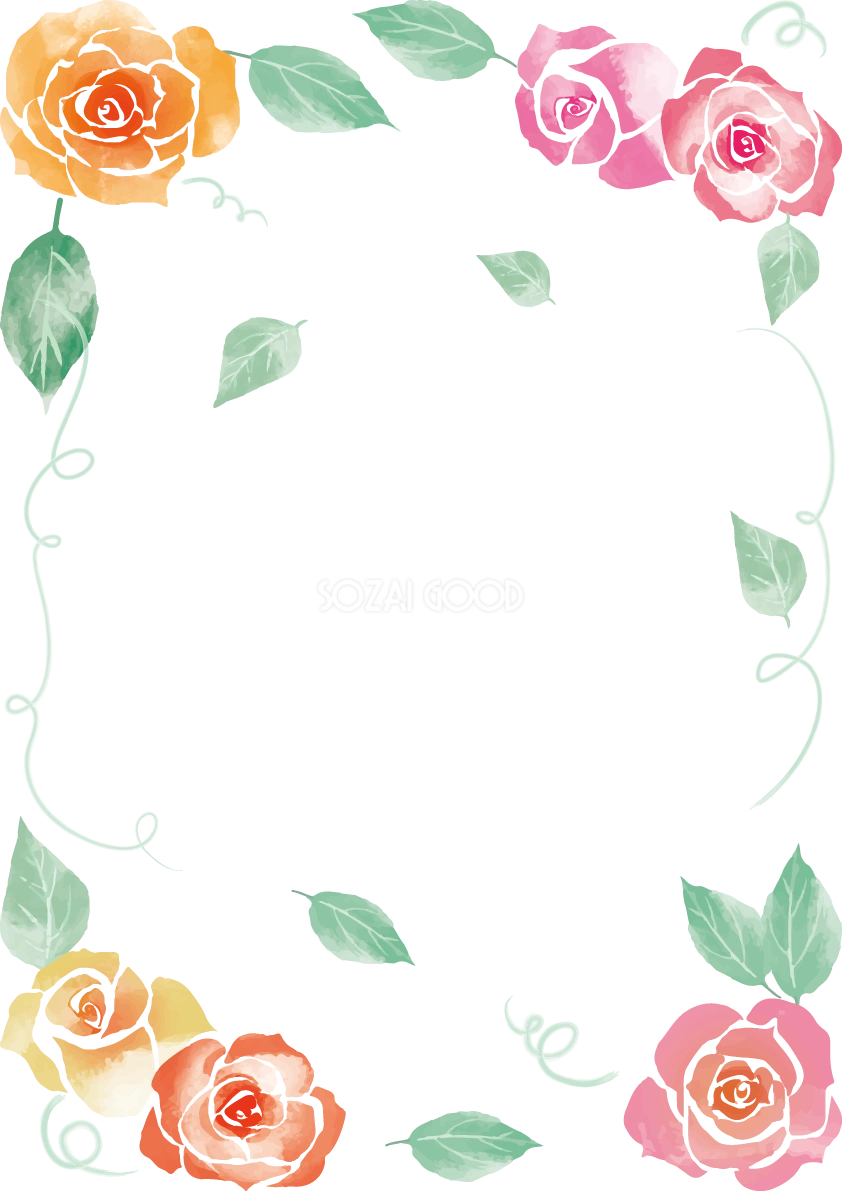 温かなオレンジとピンクの薔薇おしゃれ水彩画風 縦のフレーム枠イラスト(無料)フリー85714
