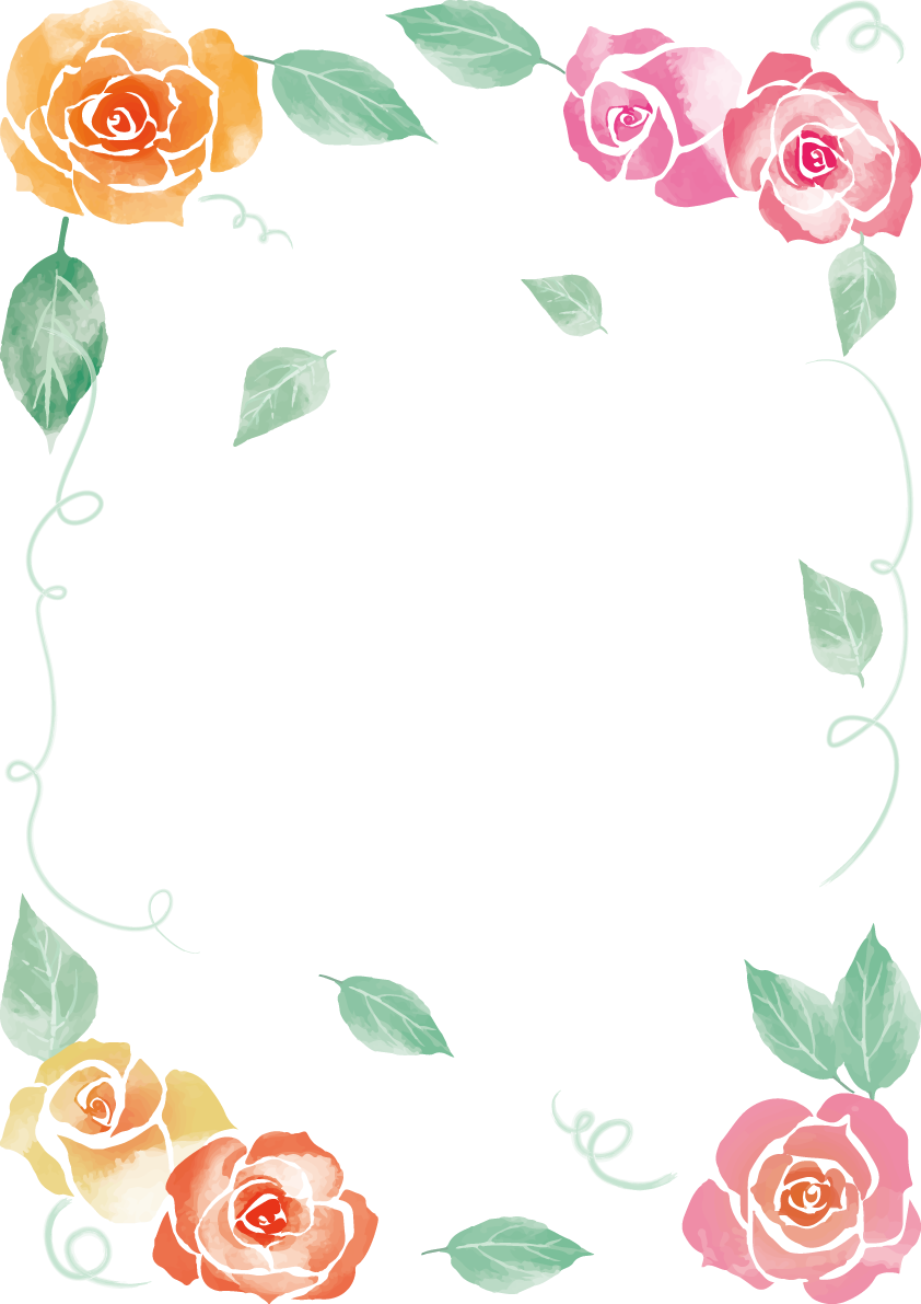 温かなオレンジとピンクの薔薇おしゃれ水彩画風 縦のフレーム枠イラスト(無料)フリー85714に写真・文字を入れる