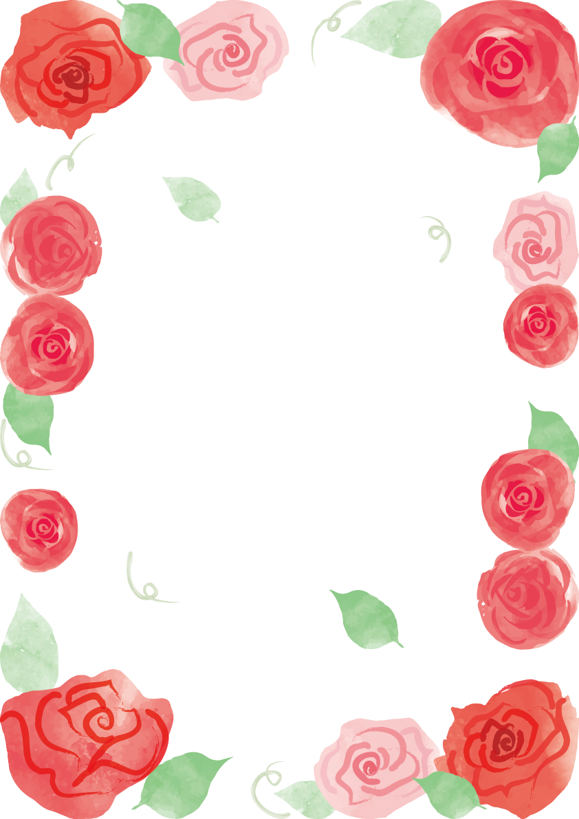 赤とピンクの薔薇おしゃれ水彩画風 縦のフレーム枠イラスト(無料)フリー85721に写真・文字を入れる