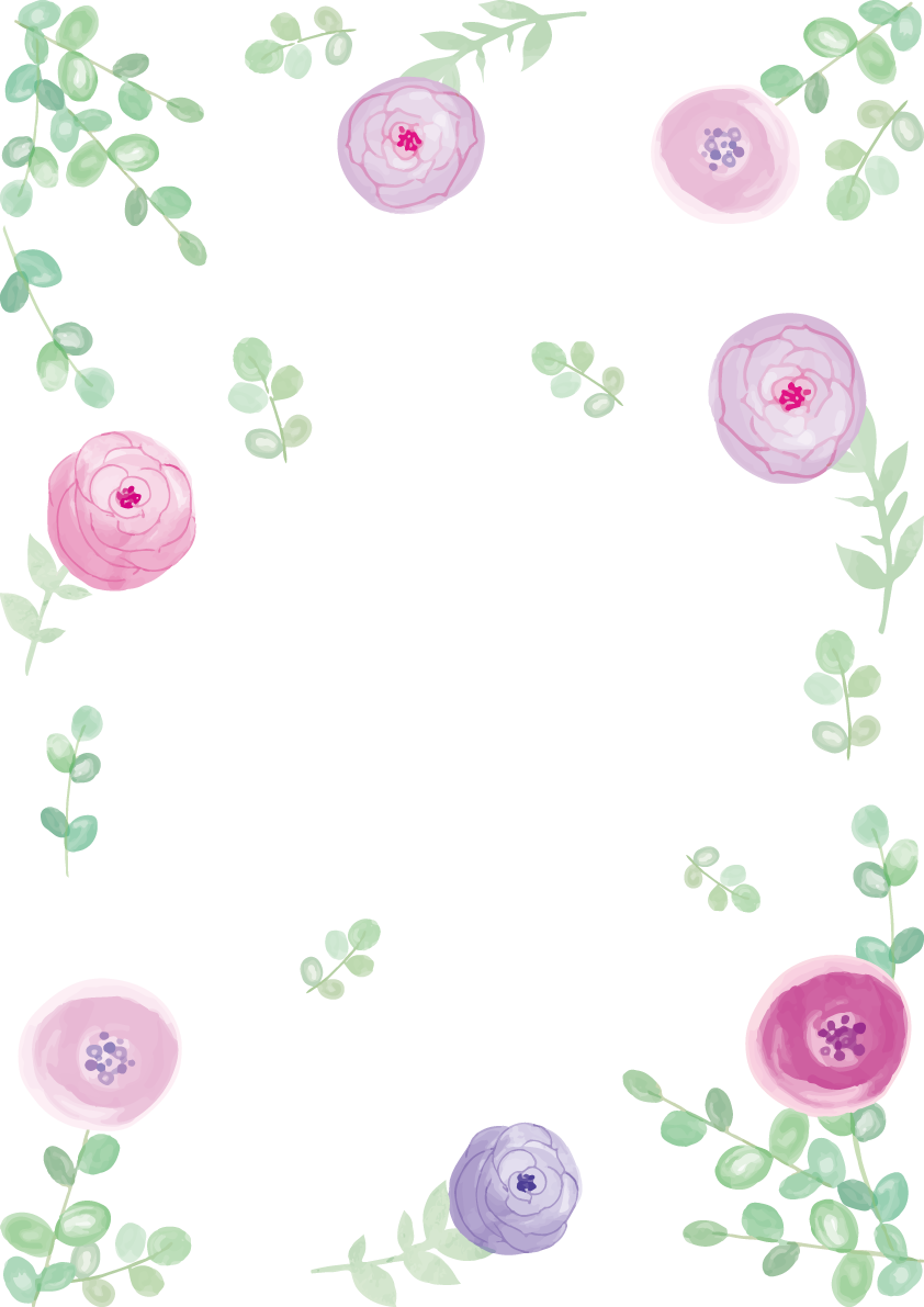 薄紫の花とユーカリの葉おしゃれ水彩画風 縦のフレーム枠イラスト(無料)フリー85725に写真・文字を入れる
