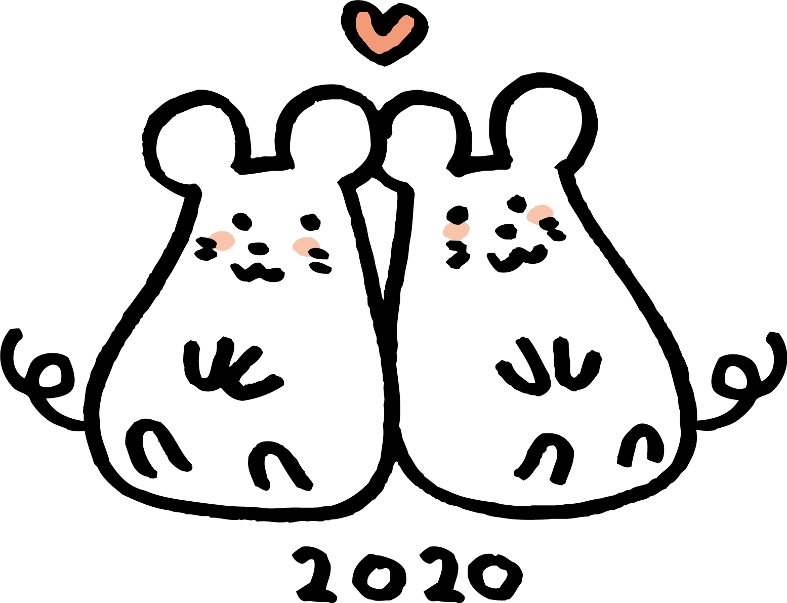 お尻をくっつけて見つめ合う2匹のねずみ(ネズミ 鼠) かわいい2020子年イラスト無料 フリー85738に写真・文字を入れる