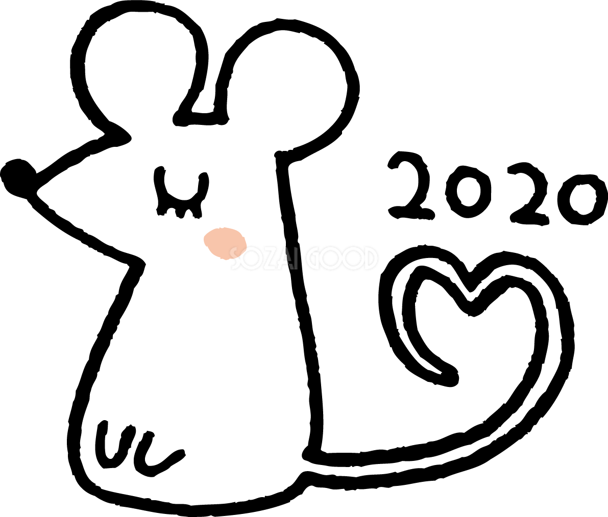 しっぽがハートの白い ねずみ(ネズミ 鼠) かわいい2020子年イラスト