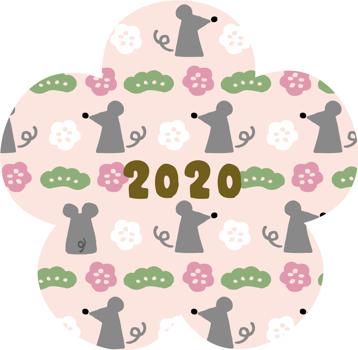 梅の形の中に ねずみ(ネズミ 鼠)梅と松の模様 かわいい2020子年イラスト無料 フリー85755に写真・文字を入れる