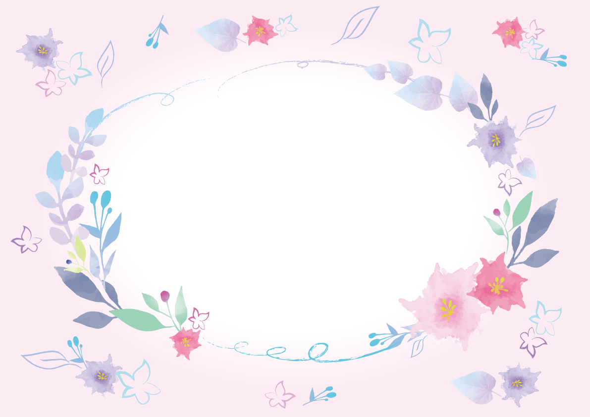 パステルピンクの花々おしゃれ水彩画風フレーム枠イラスト(無料)フリー85773に写真・文字を入れる
