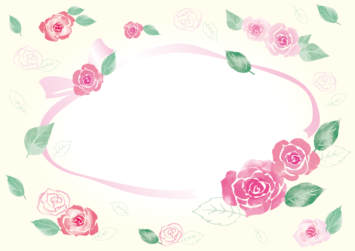 ピンクとリボンとバラ（薔薇）おしゃれ水彩画風フレーム枠イラスト(無料)フリー85774に写真・文字を入れる