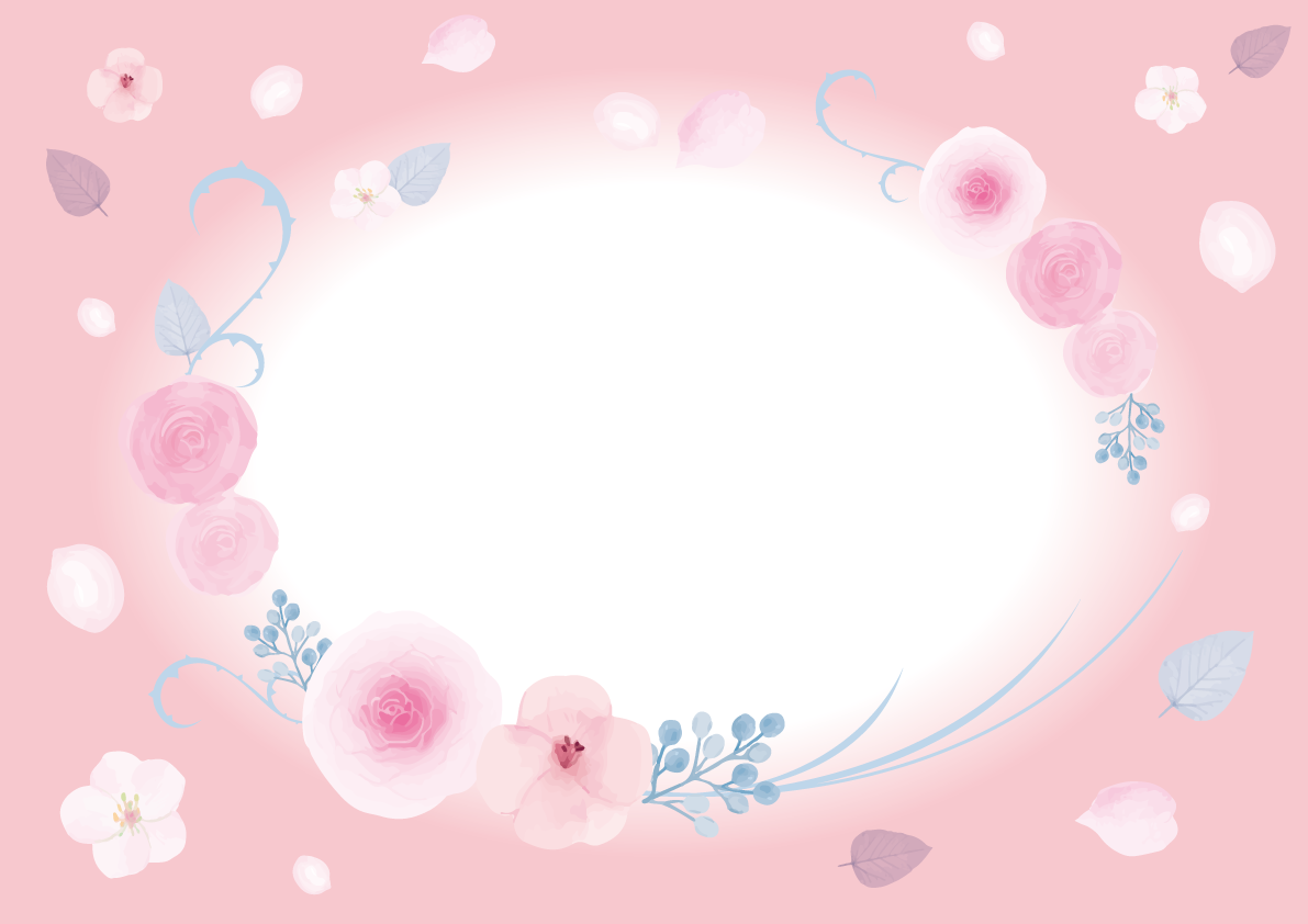 可愛らしいピンクの花々おしゃれ水彩画風フレーム枠イラスト(無料)フリー85780に写真・文字を入れる