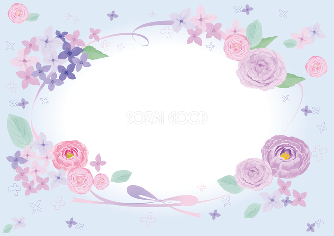 紫のリボンと花々おしゃれ水彩画風フレーム枠イラスト(無料)フリー 