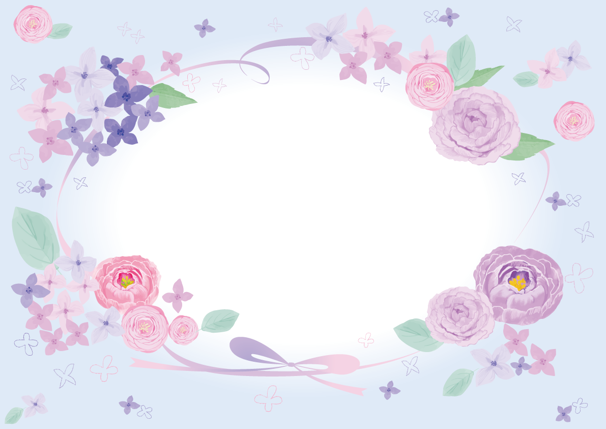 紫のリボンと花々おしゃれ水彩画風フレーム枠イラスト(無料)フリー85781に写真・文字を入れる