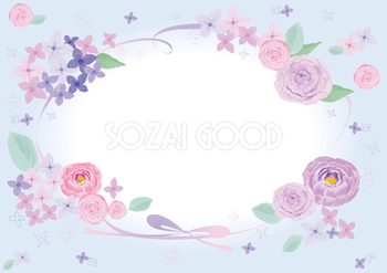 紫のリボンと花々おしゃれ水彩画風フレーム枠イラスト(無料)フリー85781