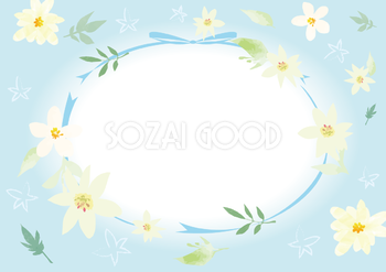 爽やかな白色の花と水色のリボンおしゃれ水彩画風フレーム枠イラスト(無料)フリー85785