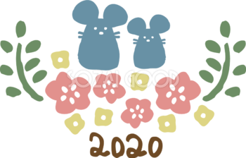 花に囲まれた2匹の ねずみ(ネズミ 鼠) かわいい2020子年イラスト 無料 フリー85815