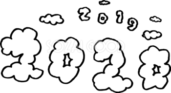 2019の雲が遠くに流れて2020の雲が大きく浮かんでいる  かわいい2019亥年〜2020子年ねずみ(ネズミ 鼠) に移り変わるイラスト無料 フリー85835