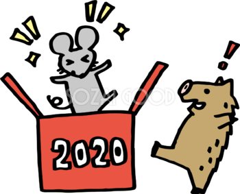 2020と書かれた箱からねずみ(ネズミ 鼠) が出て来て驚くいのしし かわいい2019亥年〜2020子年に移り変わるイラスト無料 フリー85839
