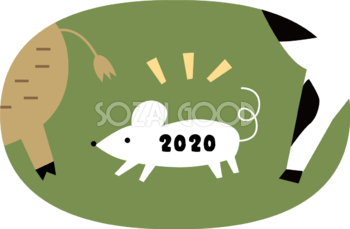 いのししと牛の足の間で歩くねずみ(ネズミ 鼠)  かわいい2019亥年〜2020子年に移り変わるイラスト無料 フリー85847