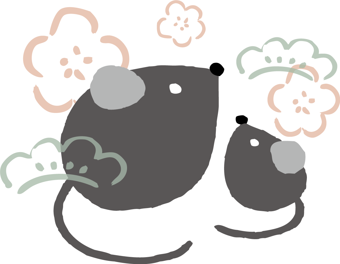 親子のねずみ(ネズミ 鼠) と線画の松と梅 和風かわいい2020子年イラスト無料 フリー85861に写真・文字を入れる