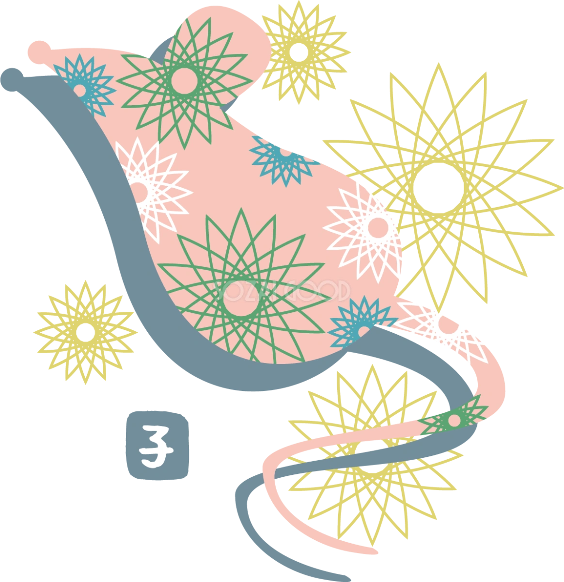 線の花柄のねずみ(ネズミ 鼠)  和風かわいい2020子年イラスト無料 フリー85864