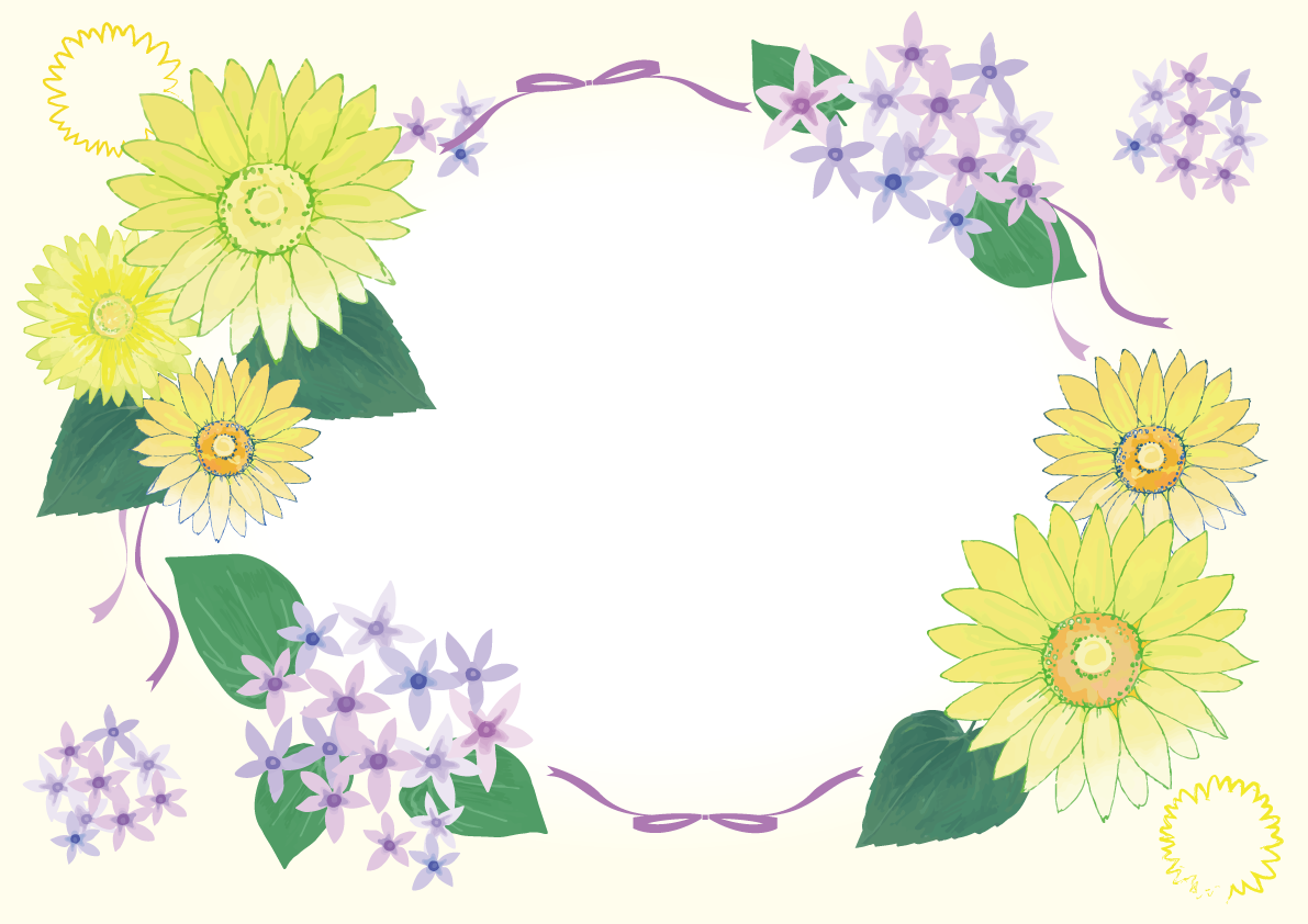 ひまわりとペンタスの花束夏のおしゃれ水彩画風フレーム枠イラスト(無料)フリー85875に写真・文字を入れる