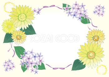 ひまわりとペンタスの花束夏のおしゃれ水彩画風フレーム枠イラスト(無料)フリー85875