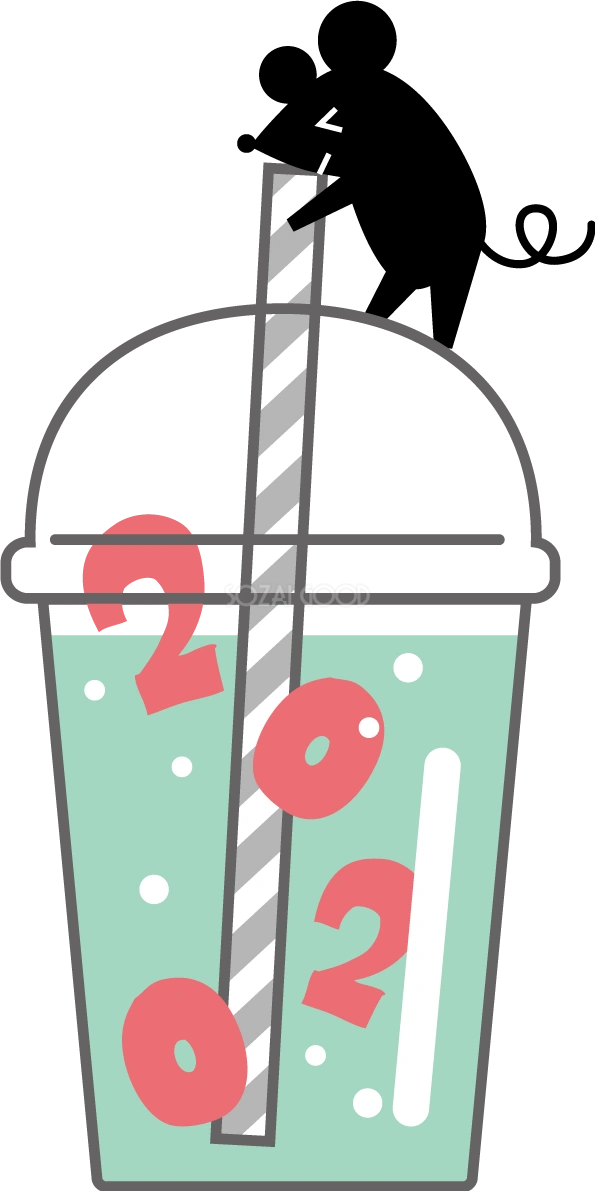 2020の文字が浮かぶドリンクを飲む かわいい ねずみ(ネズミ 鼠) 子年イラスト無料 フリー85897