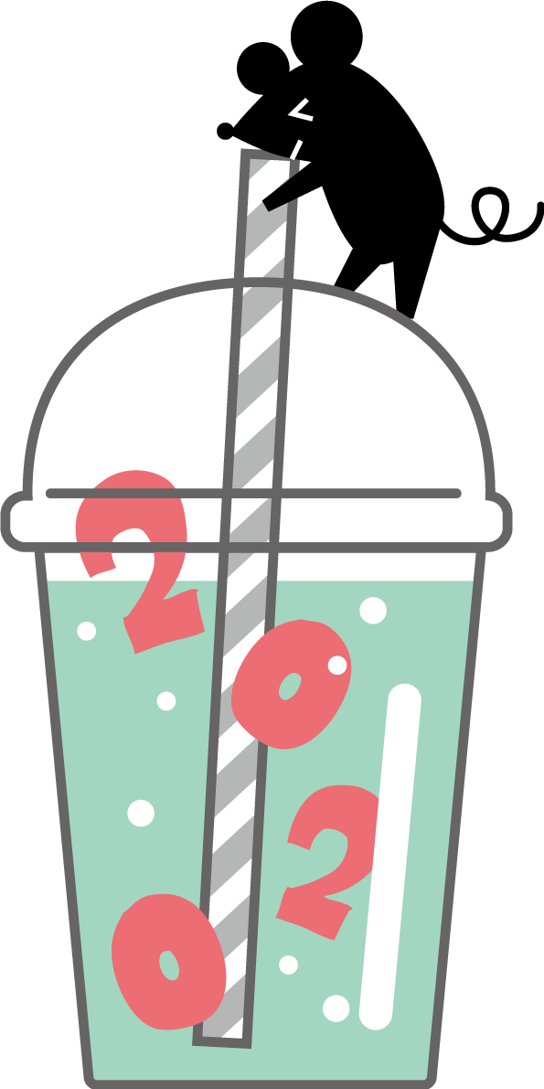 2020の文字が浮かぶドリンクを飲む かわいい ねずみ(ネズミ 鼠)  子年イラスト無料 フリー85897に写真・文字を入れる