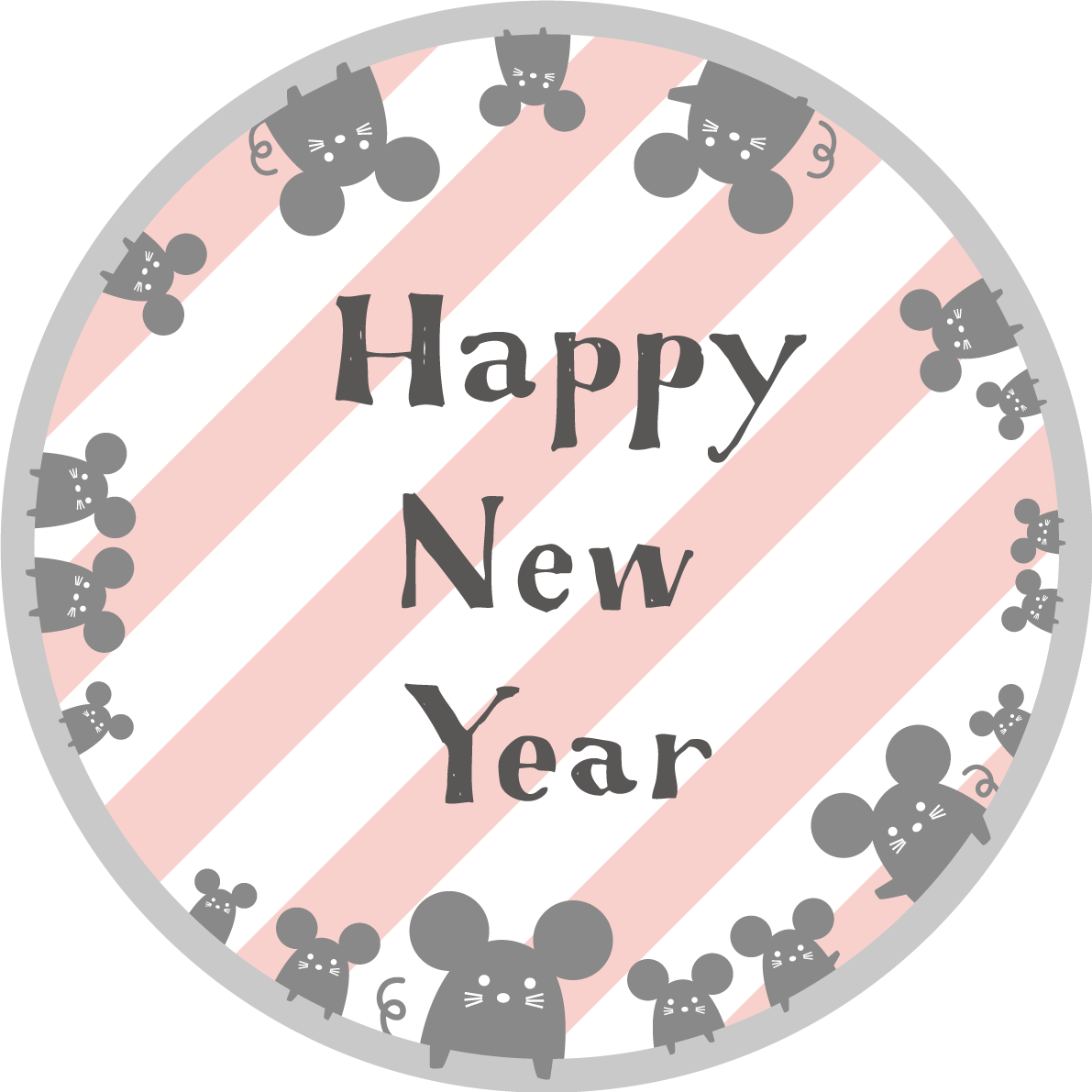 かわいい ねずみ(ネズミ 鼠) がたくさん顔をのぞかせる円の中にHappy New Year の文字 2020子年イラスト無料 フリー85900に写真・文字を入れる