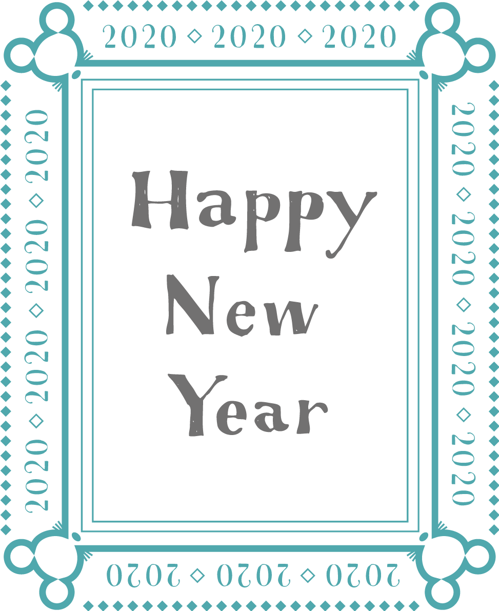 かわいい ねずみ(ネズミ 鼠) と2020の飾り枠の中にHappy New Yearの文字 子年イラスト無料 フリー85901に写真・文字を入れる