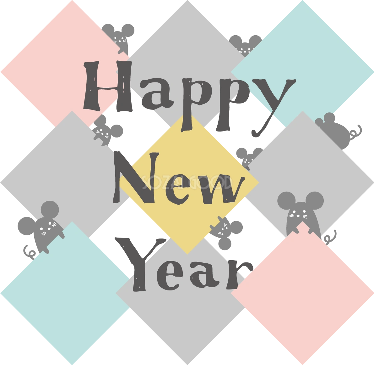 楕円の模様のから顔を出すたくさんの かわいい ねずみとHappy New Year 2020子年イラスト無料 フリー85914
