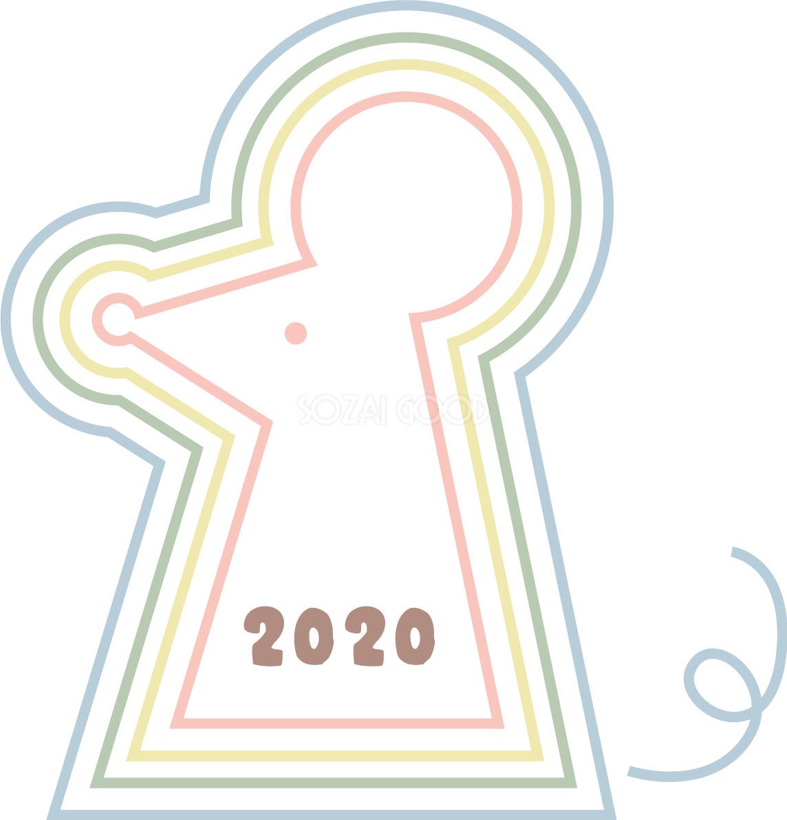 横向きの かわいい ねずみ(ネズミ 鼠) の形の虹色のラインが重なる中に2020文字 子年イラスト無料 フリー85931