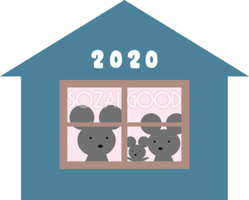 家の窓からのぞく かわいい ねずみ(ネズミ 鼠) の家族 2020文字 子年イラスト無料 フリー85932