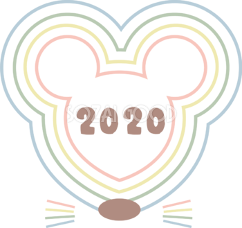 かわいい ねずみ(ネズミ 鼠) の形の虹色のラインが重なる中に2020文字 子年イラスト無料 フリー85954
