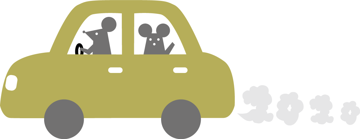 かわいい ねずみ(ネズミ 鼠) の乗った車から出る2020文字の形の排気ガス子年イラスト無料 フリー85955に写真・文字を入れる