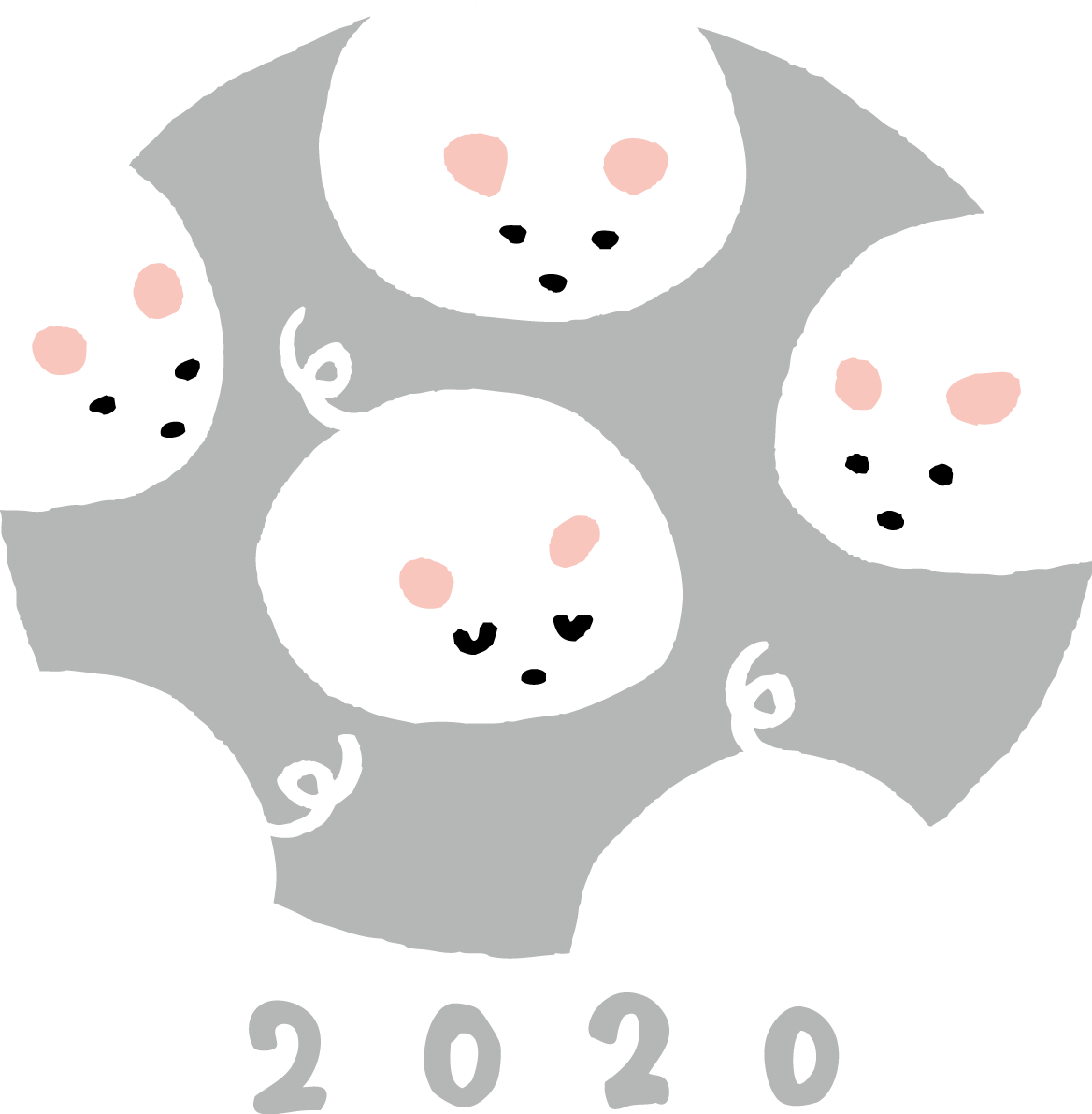 グレーの楕円の中にたくさんの白く塗りつぶされた かわいい ねずみ(ネズミ 鼠)  2020の文字 子年(イラスト無料 フリー85957に写真・文字を入れる