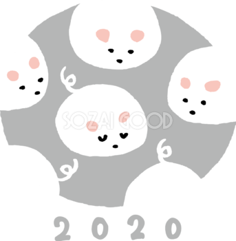 グレーの楕円の中にたくさんの白く塗りつぶされた かわいい ねずみ(ネズミ 鼠)  2020の文字 子年(イラスト無料 フリー85957