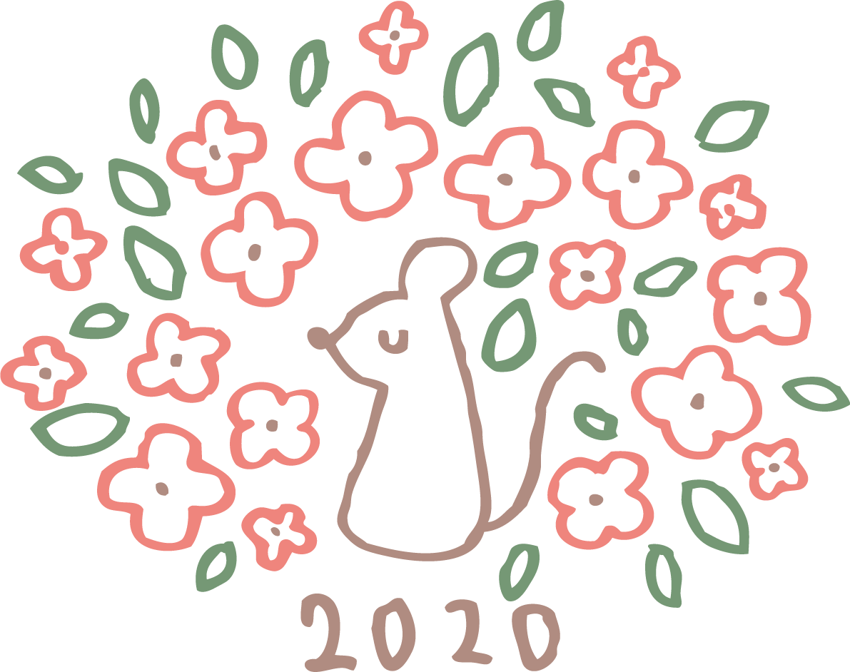 たくさんの花に囲まれた線画の かわいい ねずみ(ネズミ 鼠)  2020文字 子年イラスト無料 フリー85961に写真・文字を入れる