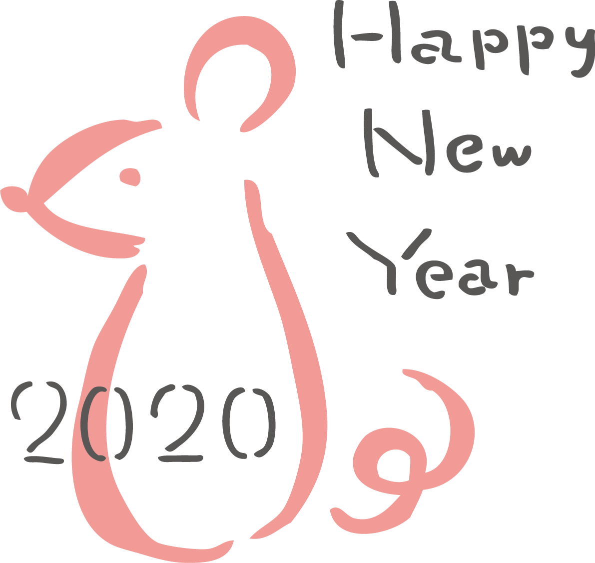 ラフな筆描き風の かわいい ねずみ(ネズミ 鼠) とHappyNewYearの文字  2020子年イラスト無料 フリー85967に写真・文字を入れる