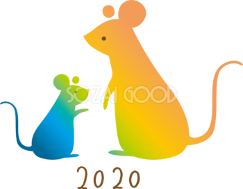 レインボーカラーの親子の かわいい ねずみ(ネズミ 鼠)  2020文字 子年イラスト無料 フリー85970