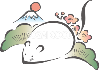 筆描き風の ねずみ(ネズミ 鼠) と富士山と松と梅 2020子年イラスト無料 フリー85985