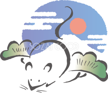 筆描き風の ねずみ(ネズミ 鼠) と松と初日の出の風景が描かれた楕円 和風の2020子年イラスト無料 フリー86002