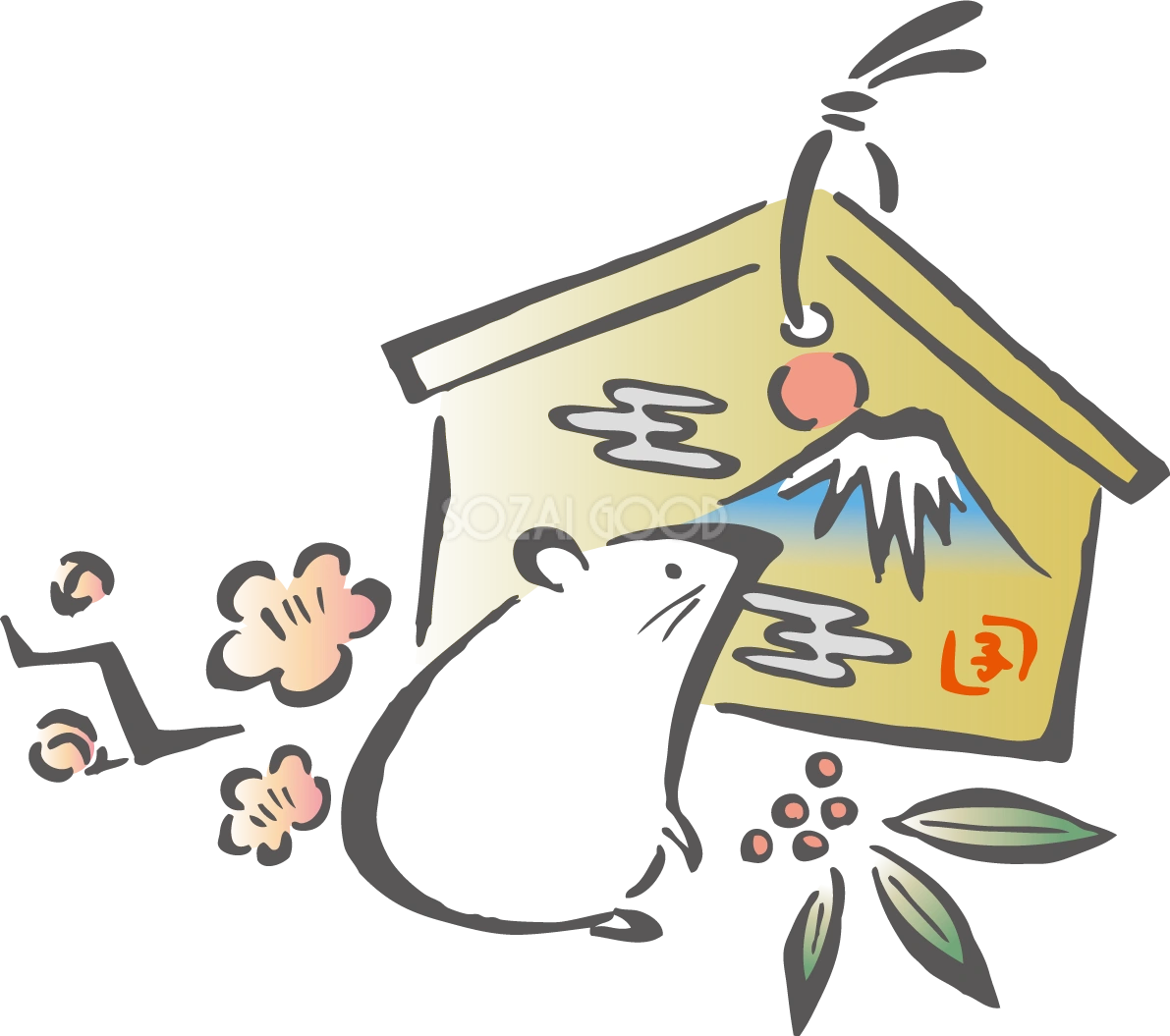 筆描き風の ねずみ(ネズミ 鼠) と富士山が描かれた絵馬と梅と南天 和風の2020子年イラスト無料 フリー86006
