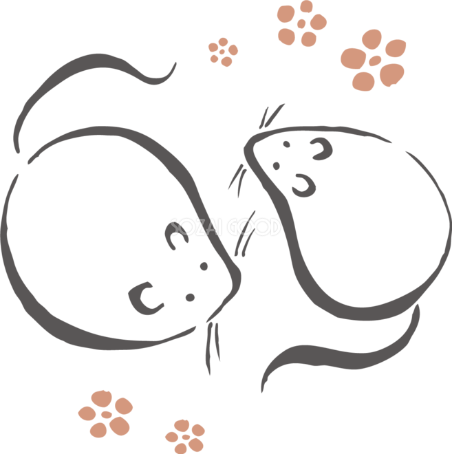 筆描き風の上から見た二匹の ねずみ ネズミ 鼠 と梅の花 和風の子年イラスト無料 フリー 素材good