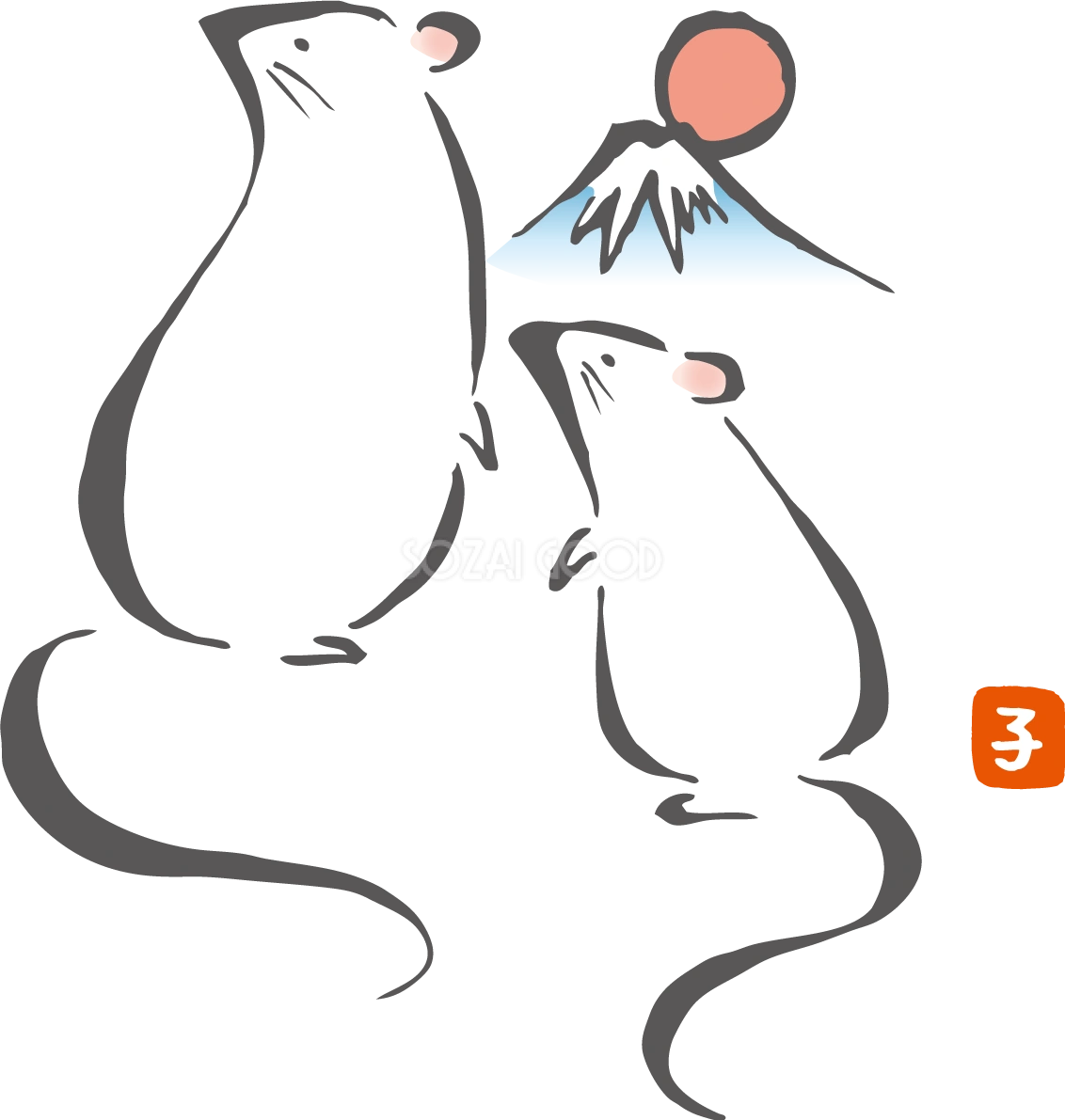 筆描き風の二匹の ねずみ(ネズミ 鼠) と富士山 和風の2020子年イラスト無料 フリー86017