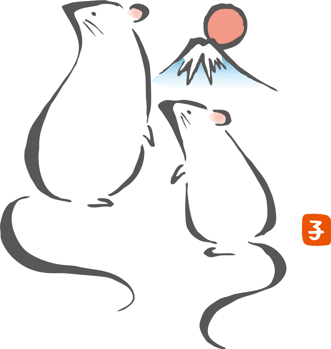 筆描き風の二匹の ねずみ(ネズミ 鼠) と富士山 和風の2020子年イラスト無料 フリー86017に写真・文字を入れる
