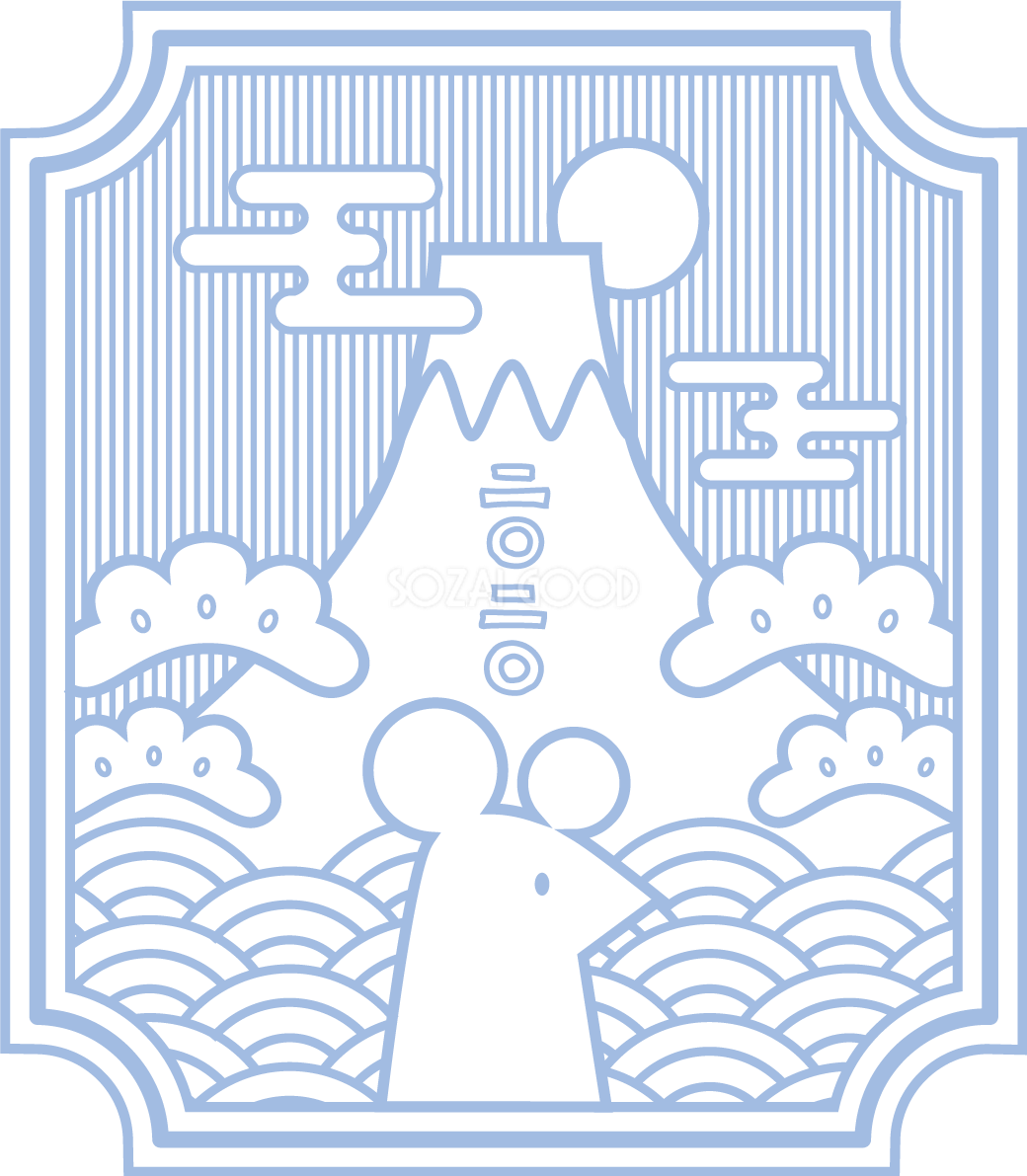 四角い枠の中に線画の富士山と松とねずみ(ネズミ 鼠)  2020子年イラスト無料 フリー86026