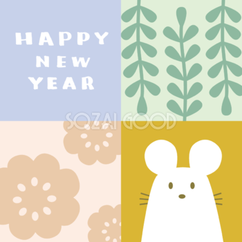 四つに分かれた四角の中にHAPPY NEW YEARの文字と ねずみ(ネズミ 鼠) や葉っぱや花 2020子年イラスト無料 フリー86027