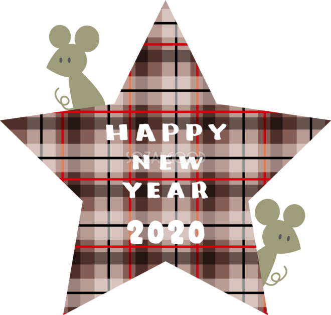 チェック柄の星の中にhappy New Year 文字とひょっこり顔を出す2匹のねずみ ネズミ 鼠 子年イラスト無料 フリー 素材good