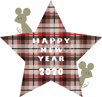 チェック柄の星の中にHAPPY NEW YEAR 2020文字とひょっこり顔を出す2匹のねずみ(ネズミ 鼠)子年イラスト無料 フリー86035