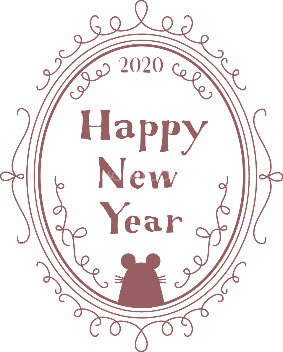 アイアン模様の楕円の中に2020とHappy New Year文字 ねずみ(ネズミ 鼠) 2020子年イラスト無料 フリー86037