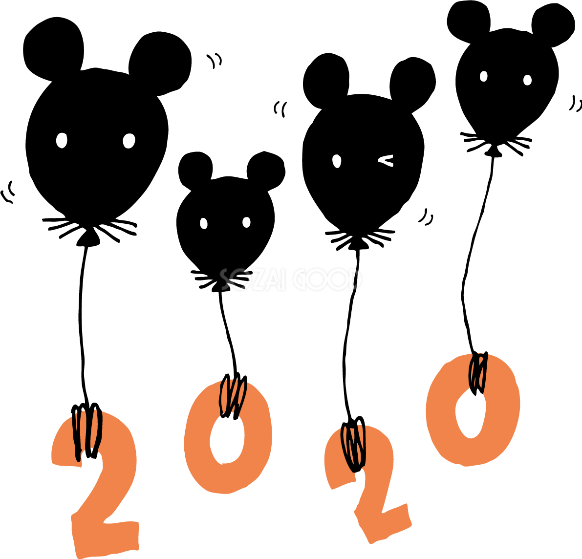 2020を運ぶねずみ(ネズミ 鼠) の形の風船 子年イラスト無料 フリー86038